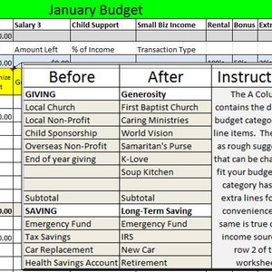 May include: A yellow and green table with a budget spreadsheet titled "January Budget". The spreadsheet is divided into two sections: "Before" and "After". The "Before" section lists categories for giving and saving, while the "After" section lists specific organizations and savings goals. The spreadsheet also includes instructions for customizing the budget.
