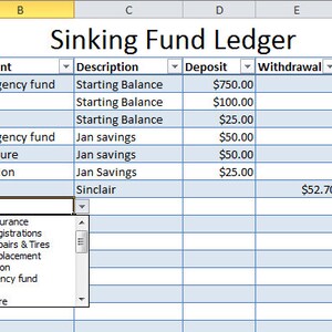 May include: A spreadsheet titled "Sinking Fund Ledger" with columns for date, account, description, deposit, withdrawal, and account balance. The spreadsheet shows a running balance for a sinking fund, with deposits and withdrawals for various accounts, including emergency fund, fuel, gifts, furniture, and vacation.