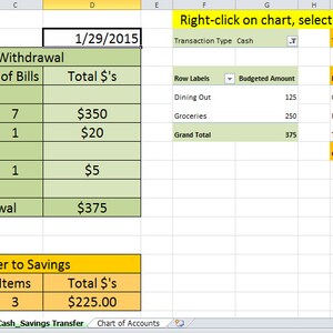May include: A spreadsheet with a green and yellow color scheme showing a cash withdrawal and transfer to savings budget for January 29, 2015. The spreadsheet shows the denominations of cash withdrawn, the number of bills, and the total amount of money withdrawn. It also shows the number of budget line items and the total amount of money transferred to savings.