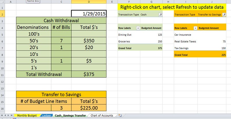 May include: A spreadsheet with a green and yellow color scheme showing a cash withdrawal and transfer to savings budget for January 29, 2015. The spreadsheet shows the denominations of cash withdrawn, the number of bills, and the total amount of money withdrawn. It also shows the number of budget line items and the total amount of money transferred to savings.
