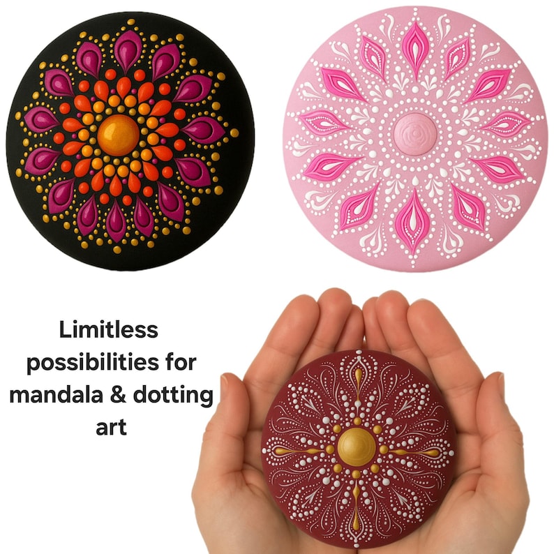 May include: Three painted rocks with mandala designs. The first rock is black with a pink, orange, and gold mandala. The second rock is pink with a white and pink mandala. The third rock is maroon with a white and gold mandala. The text "Limitless possibilities for mandala & dotting art" is below the rocks.
