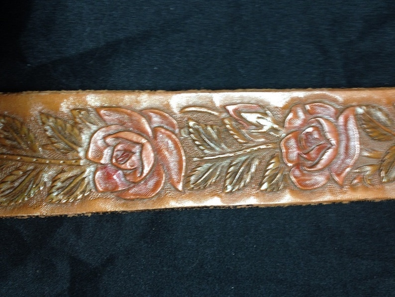 Hand carved and tooled western belt with rose pattern style Etsy