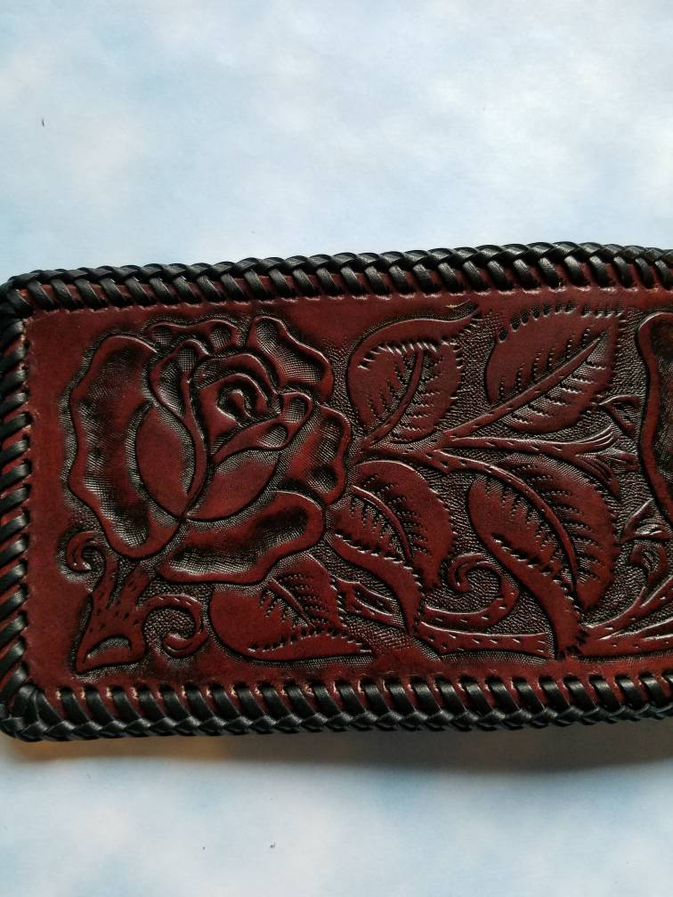 Hand tooled Rose leather wallet with initials | Etsy