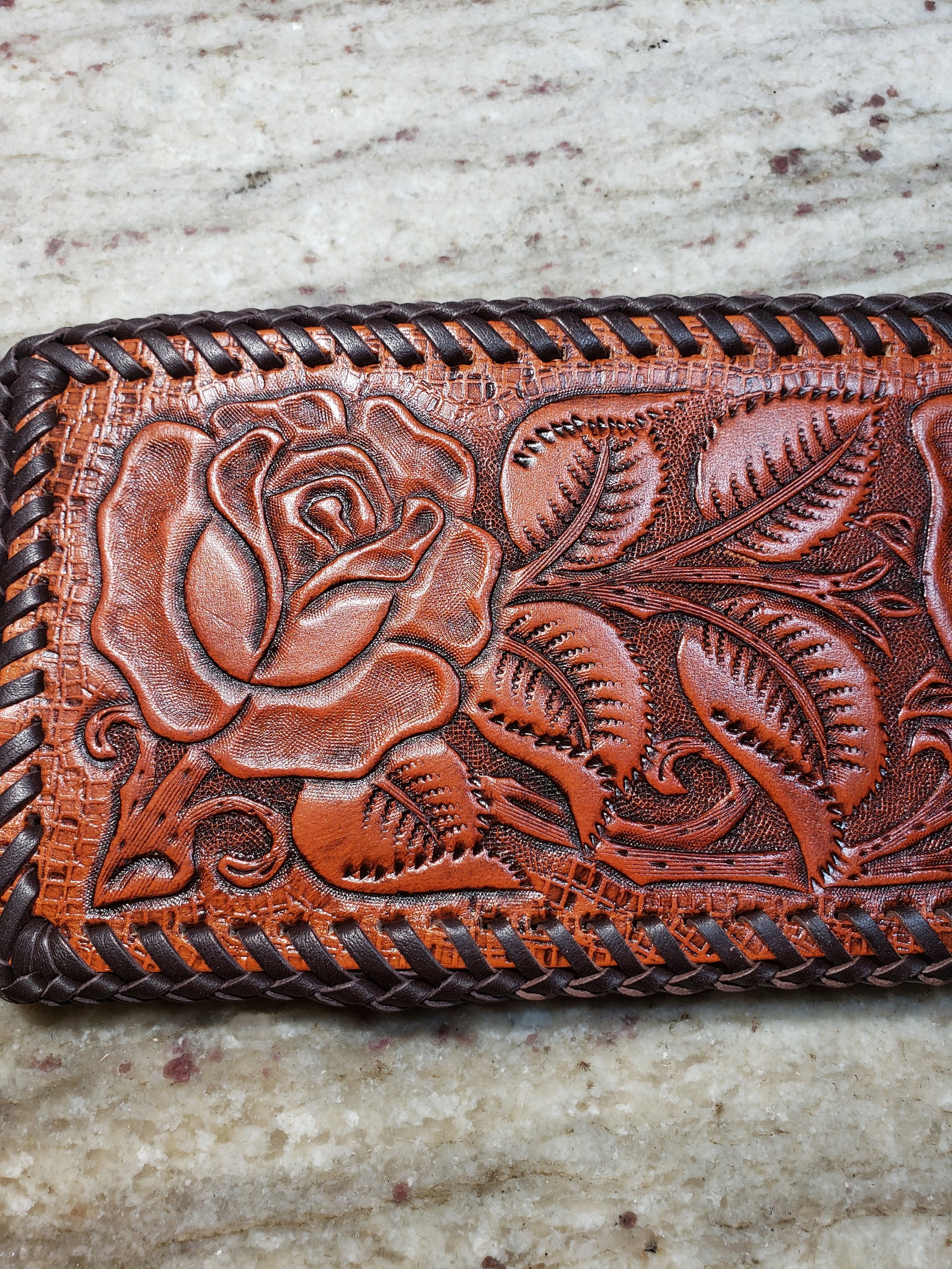 Hand tooled Rose pattern leather wallet | Etsy