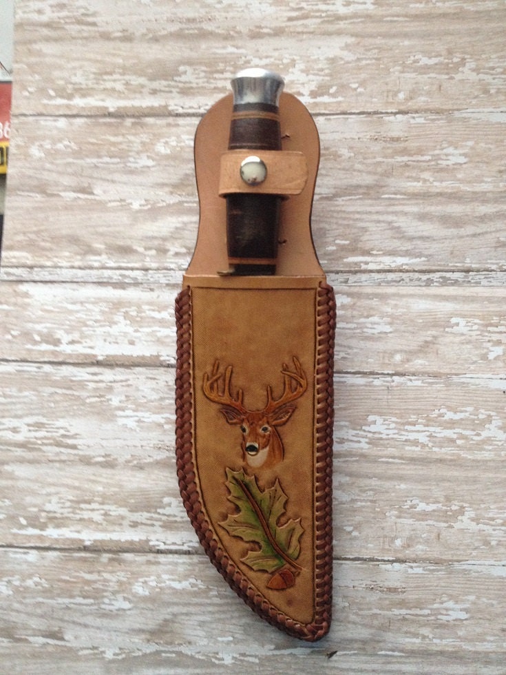 Hand tooled leather knife sheath with White Tail Deer Etsy