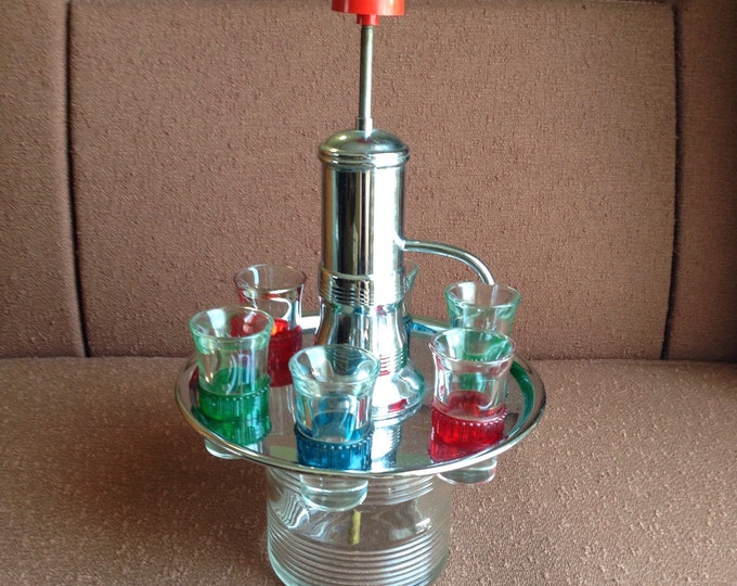 Vintage Liquor Decanter Dispenser Set Glasses Chrome Pump Etsy