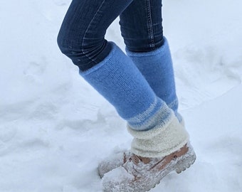 Handmade Felted Wool Leg Warmers – Blue and White Knit, Knee Length