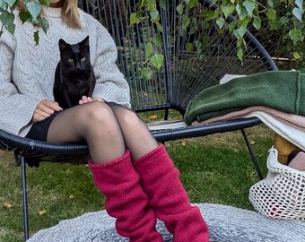 Burgundy Red Felted Wool Leg Warmers – Handmade Knitted Knee Length