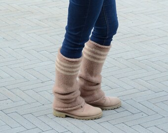 Felt wool leg warmers brown with stripes - Knit felt knee length leg warmers womens 100% wool