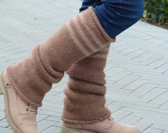 Felt wool leg warmers cacao brown with stripes