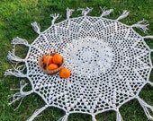 Hand crocheted round tablecloth with tassel, boho retro style cotton lace table cover, round table topper for home