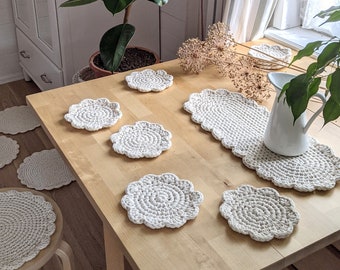 Set of flower coasters crochet recycled cotton - Natural white coasters natural table decor