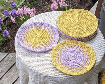 Handmade round placemats Yellow Lavender, Rustic round doiliy, Country natural placemats