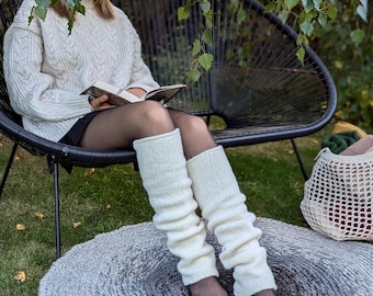 White Felted Wool Leg Warmers – Knee Length Knit Gaiters