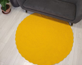 Round Rug Sun Large - Yellow Crochet Wool Rug - Hand crochet wool felt bedroom rug