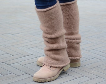 Handmade Felted Wool Leg Warmers – Light Brown Knee Length, Natural Wool