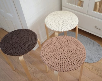 Cotton Chair pads crochet Coffe with milk colours - Seat cushions brow beige white - Floor seating round recycled cotton