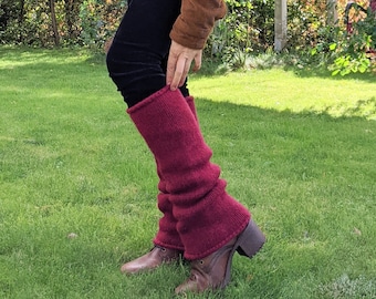 Felt wool leg warmers Burgundy Red - Knitted felted knee length leg warmers 100% wool