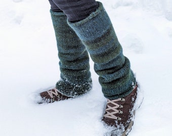 Wool leg warmers Green Blue, Knit felted wool knee length leg warmers