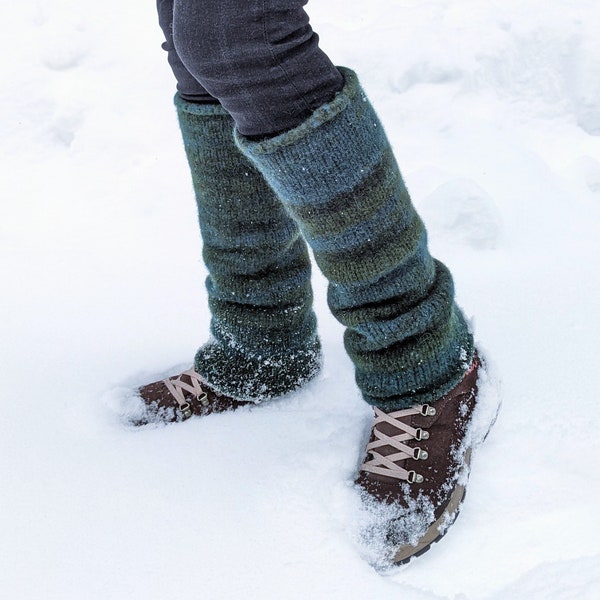 Jambières en laine bleu vert, jambières en laine feutrée en tricot