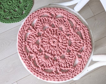 Pink crochet chair pad cushion - recycled cotton rope crochet cottage style mat