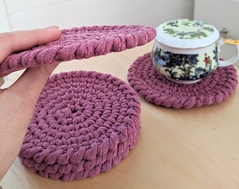 Set of purple coasters crochet recycled cotton - Drink coasters natural table decor