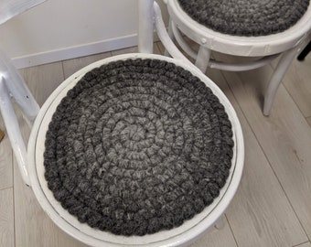 Round chair pads shades of gray  - crochet 100% wool felt seat cushions