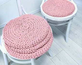 Set of 4 round chair pads rustic rope Green Pink Grey White - crochet recycled cotton braided seat cushions