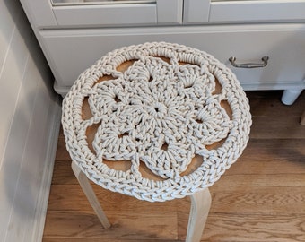 Boho chair pad cushion - recycled cotton rope crochet cushion - beige cottage style rug