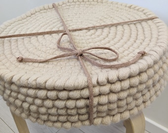 Set of 6 chair pads wool felt round - crochet natural wool felt seat cushions any colour