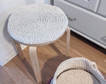 Crochet Round chair pads recycled cotton - solid natural handmade seat cushions