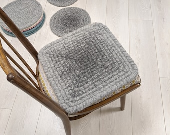 Coussins de chaise carrés gris ombré - coussins d'assise en feutre de laine 100 % crochet gris