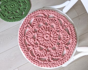 Handmade Pink crochet chair pad cushion - cotton crochet farmhouse home decor