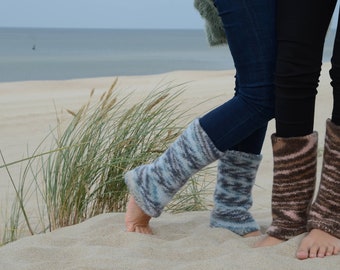 Boiled wool leg warmers Blue sea, brown pink - natural wool knit felt leg warmers