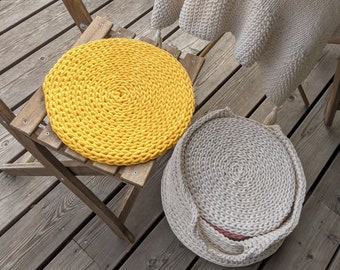 Round seat cushion Yellow braided rope - Recycled cotton deck seat cushions - chair pads yellow