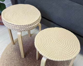 Set of 4 chair pads wool felt round -  Four crochet natural wool felt seat cushions any colour