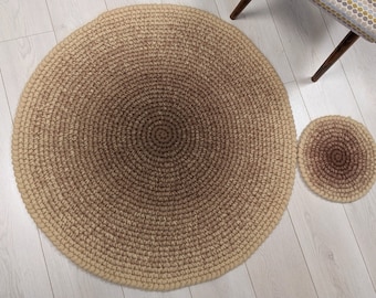 Round crochet wool rug Cappuccino - crochet wool felt natural brown ombre rug - Bedroom rug home decor wool carpet