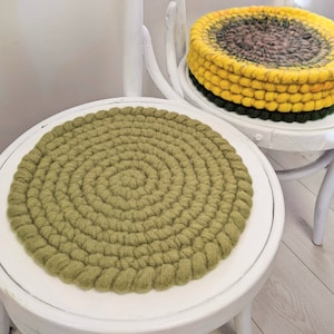 Wool felt Round chair pads sage green - crochet natural wool felt seat cushions