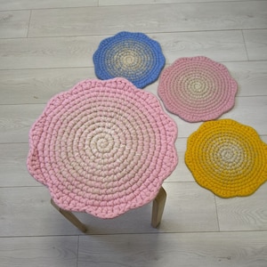 Wool felt Round chair pads Blossom Blue Pink Yellow - crochet natural wool felt seat cushions