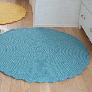Round Crochet Wool Rug 120cm, Teal Blue Rug, Nursery Rug, Baby Boy Nursery Sky Rug, Knit Rug Pale Mint