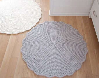 Grey Round Rug Wool carpet - Crochet Rug Large carpet - Floor mats seating