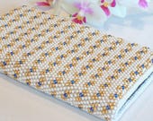 Phone Case Beaded White Golden Blue - Unique Smartphone sleeve - Hand Crochet Beaded Pouch Purse