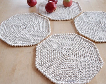 Handmade placemats, Cotton crochet octagon placemats, Rustic round placemats, Octagon placemats, Country placemats, Natural placemats