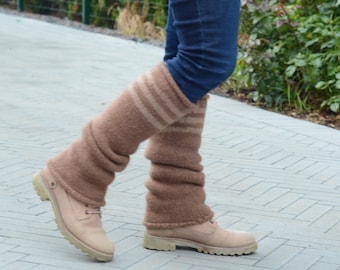 Felt wool leg warmers cacao brown with stripes