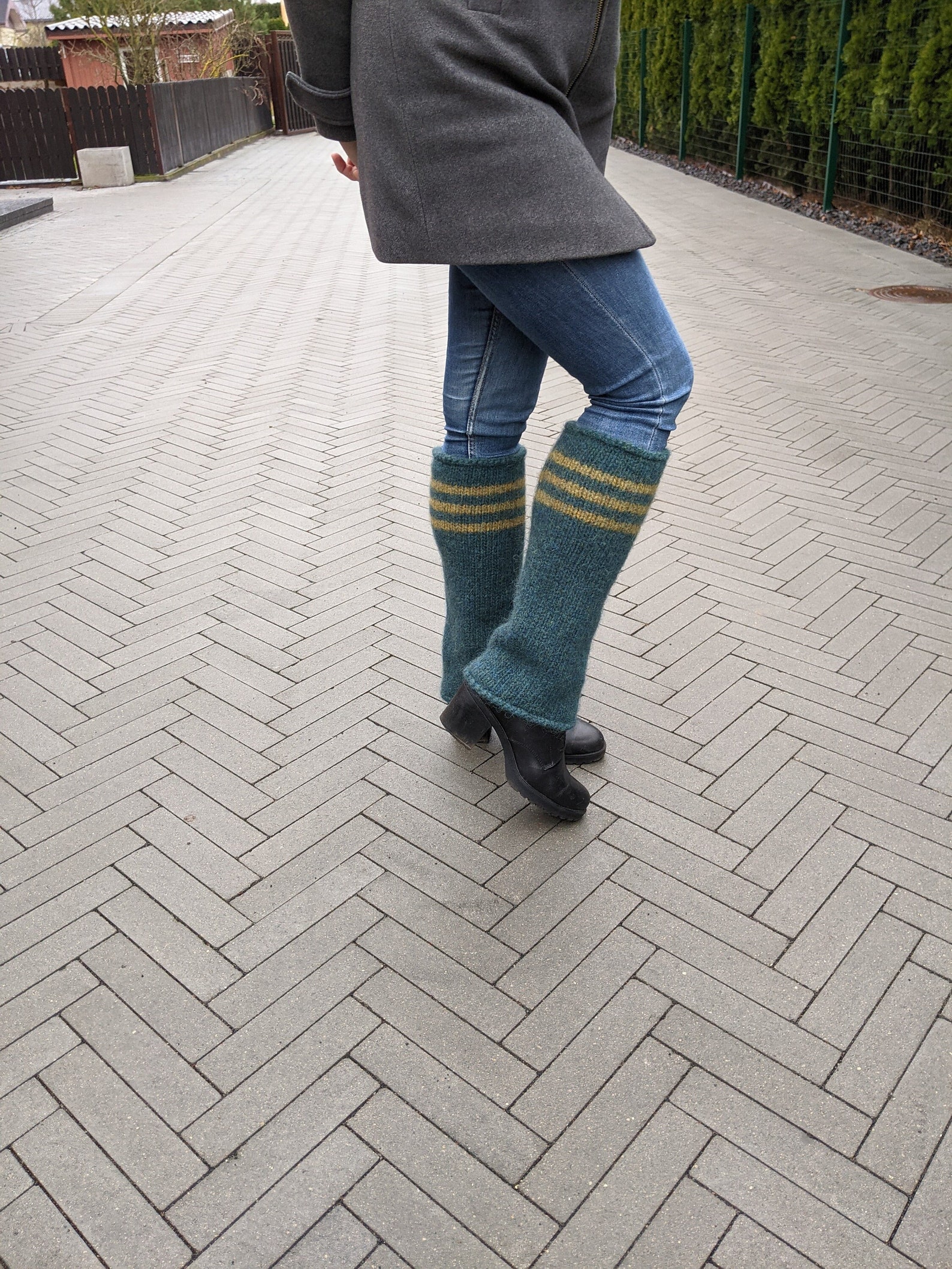 Big Thick Icelandic Wool Leg Warmers Teal With Stripes Knit Etsy