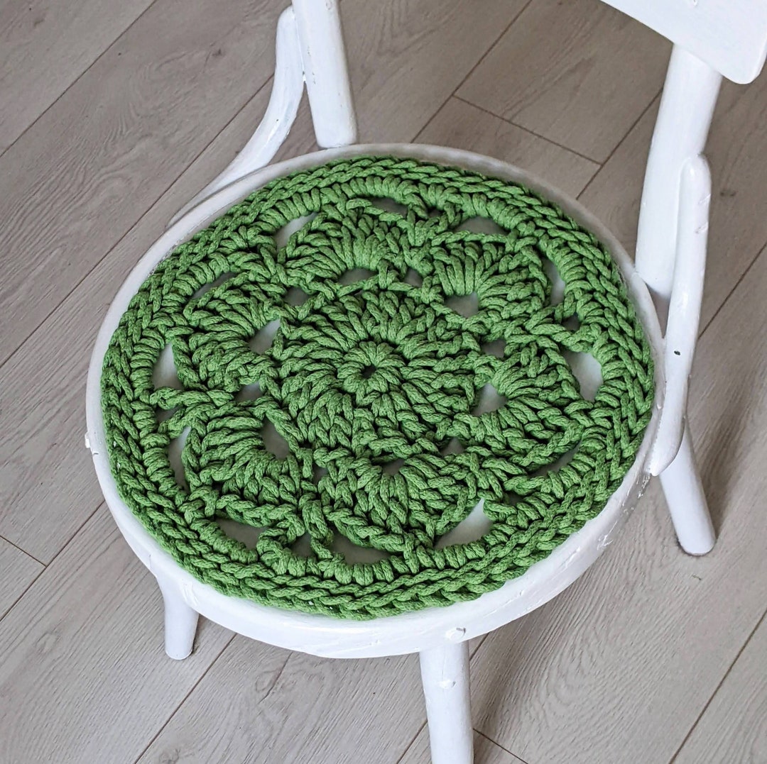 Round Chair Pad Cushion Green Boho Recycled Cotton Rope Crochet Cottage