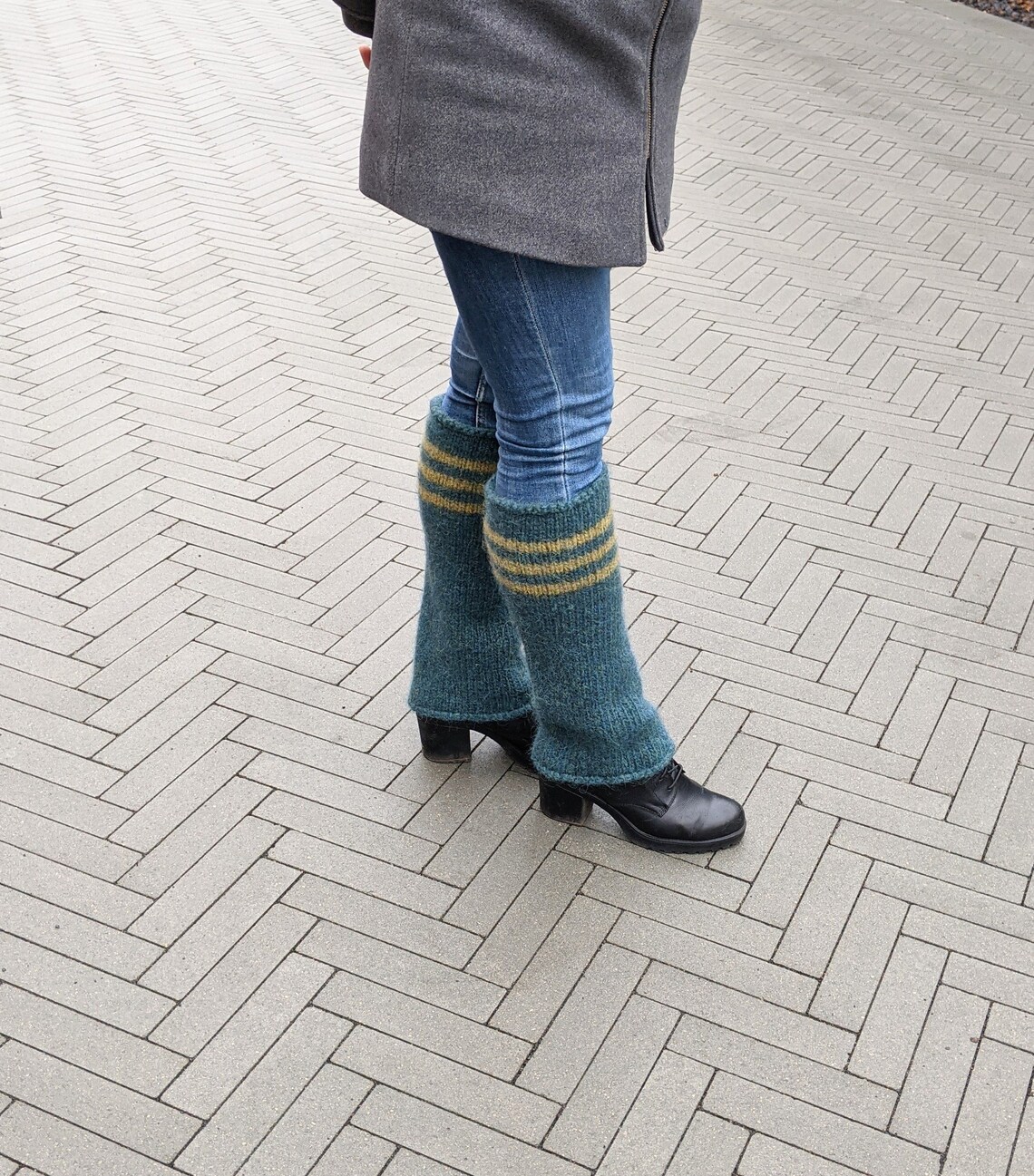 Big Thick Icelandic Wool Leg Warmers Teal With Stripes Knit Etsy