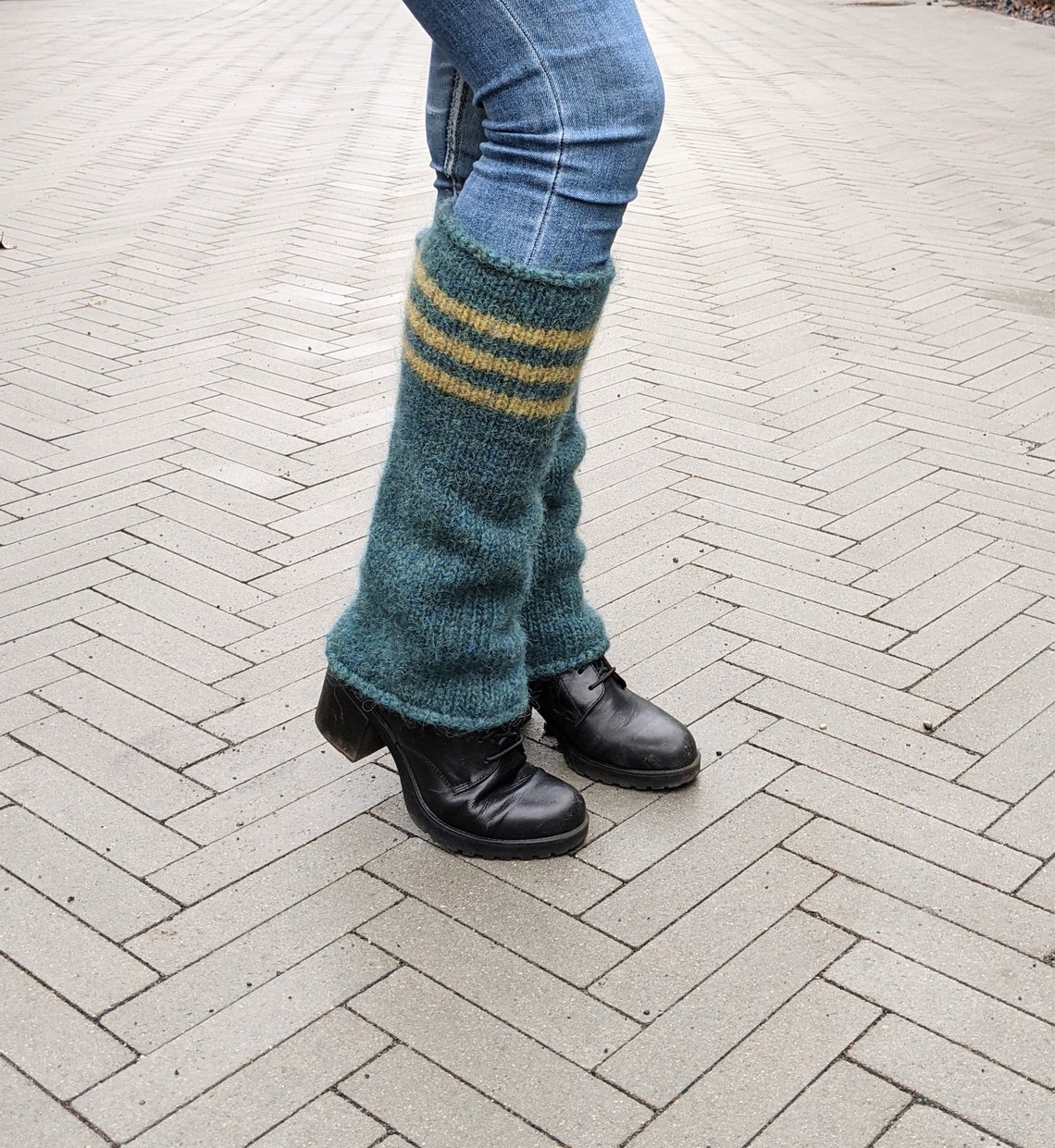 Big Thick Icelandic Wool Leg Warmers Teal With Stripes Knit Etsy