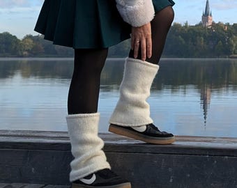 Short white felted wool leg warmers
