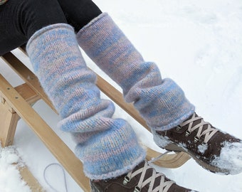 Handmade Knit Wool Felt Leg Warmers – Light Blue Pink Beige